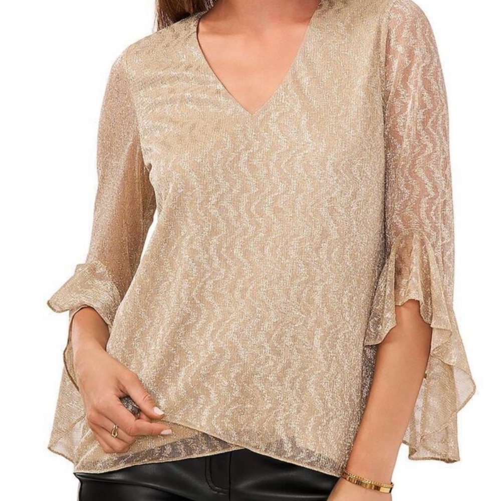 Vince Camuto Metallic Beige V-Neck Blouse